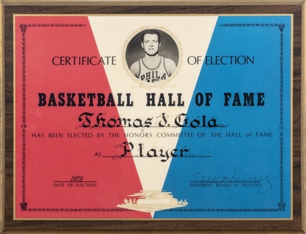 1975 Tom Gola Naismith Basketball Hall of Fame Election Certificate